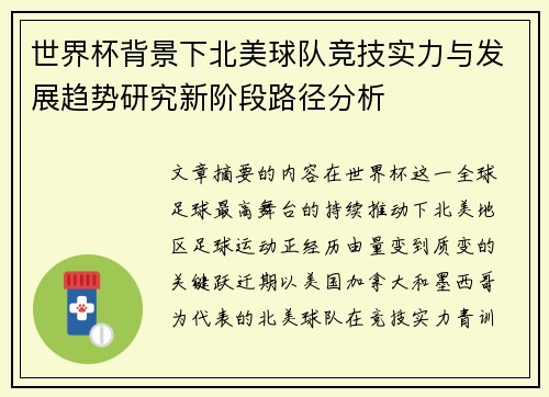 世界杯背景下北美球队竞技实力与发展趋势研究新阶段路径分析
